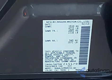 2013 Nissan Altima 2.5 Sl from USA, damaged, VIN 1N4AL3AP5DC215179